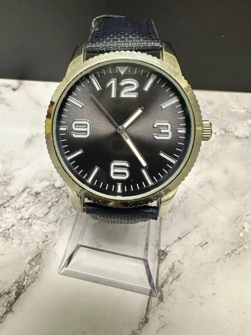 3/$30 Accutime Watch Men Silver Tone Blue Faux Leather Band 40MM Round